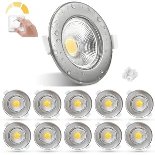 HiBay 10er Set LED Einbaustrahler 230V dimmbar IP44, 7W COB Spot gebürstet Edelstahl, 600lm Warmweiß 3000K, Lochmaß 65-85mm, für Badezimmer Küche Wohnzimmer