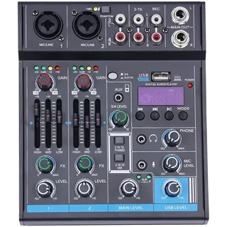 Mini 4 Kanal Stereo Sound Mischkonsole, Mischpult mit USB Bluetooth und 48V Phantom Power, DJ Live Audio Mixer mit Hall-Effekt für Karaoke Stage, Heim-KTV, Aufnahmestudios, Live-Streaming