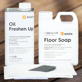 HPS® Pflegeset - Boen Parkett Pflegeset für geöltes Parkett- NATUR- 1lt Boen Parkett Seife- 1lt Boen Freshen Up Farblos inkl. Pflegetücher Set
