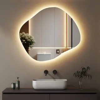 Boromal Unregelmäßiger Form Asymmetrischer Spiegel mit LED Beleuchtung, Badspiegel mit Beleuchtung 84x74cm Badezimmerspiegel LED Wanspiegel mit Touch-Schalter, Dimmbar, 3 Lichtfarbe Einstellbare