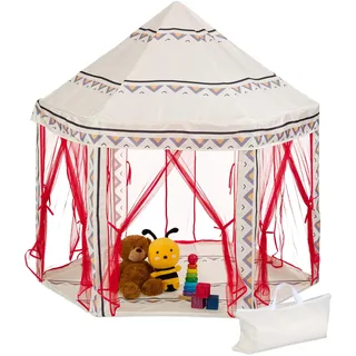 Relaxdays Spielzelt sechseckig, für Kinder, Spielhaus Indoor, HBT: 135 x 140 x 140 cm, Kinderzelt 6 Eingänge, bunt