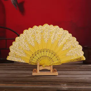 Handfächer Stofffächer,Vintage Faltfächer Chinesischer Stoff Fächer Faltfächer für Abkühlung im Sommer Hochzeit Geschenk Muttertag Party Kostüm Halloween Karneval Fasching Tanzen Hand Fan,Gelb