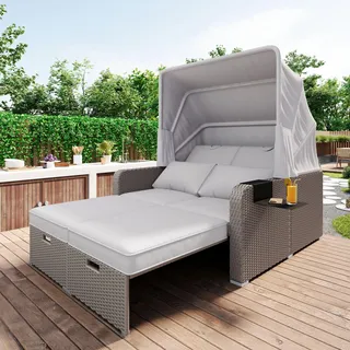 Oxtao Poly Rattan Sonneninsel Gartenlounge Set, Sonneninsel Sitzgruppe mit Baldachin und Kissen, Outdoor Gartenmöbel Gartenliege Loungemöbel Terrassenmöbel, Wetterfest (Khaki)