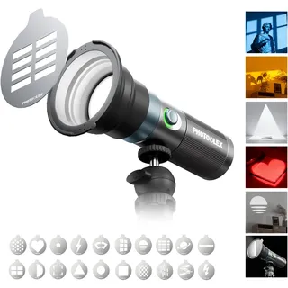PHOTOOLEX LED Taschenlampe für Fotografie, 8400mAh Aluminium-Legierung Muster Umgebungslicht, 4 Farbe Füllen Licht mit 20 Magnetmuster Gobos, 10W Studio Licht perfekt für Foto, Video, Content Creation