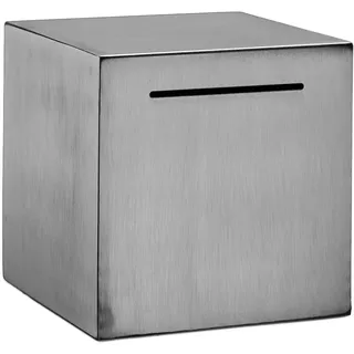 Relaxdays Spardose nicht zum Öffnen, Edelstahl, 15 x 15 x 15 cm, Sparschwein für Erwachsene, Scheine & Münzen, Silber