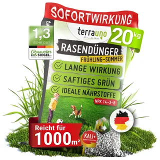 TerraUno Rasendünger Frühjahr/Sommer I Sofortwirkung für saftiges grün I 20 kg für 1000 m2 I gesunder Rasen verdrängt Moos und Unkraut I NPK Dünger Rasen I Gegen Trockenstress I Für den Streuwagen
