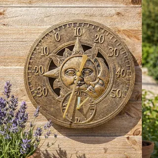 Garden Mile® Wanduhr Vintage Sonne und Mond Bronzeeffekt - Gartenuhr batteriebetrieben Wasserdicht Wetterfest - Dekorative Uhr für Innen oder Außen für