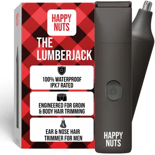 HAPPY NUTS The Lumberjack Elektrischer Körper- und Leistenhaar-Trimmer für Männer, Körperfriseur-Set für private Männer, weicher Ballrasierer und Schamhaare (Graphit)