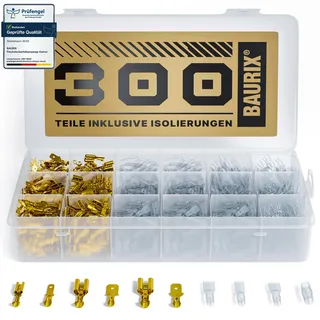 BAURIX BAURIX® Flachsteckhülsen Set 300 Stück – Isolierte Kabelschuhe Flachstecker Männlich & Weiblich – 2,8 mm, 4,8 mm, 6,3 mm Steckverbinder Sortiment