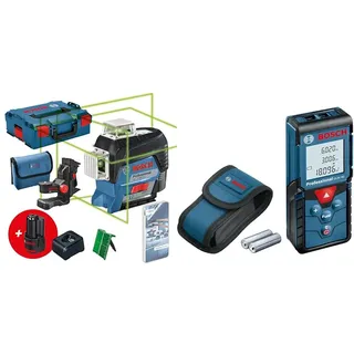 Bosch Professional 12V System Linienlaser GLL 3-80 CG (2x Akku, Ladegerät, grüner Laser, App-Funktion, bis 30 m) und Laser Entfernungsmesser GLM 40 (max. Messbereich 40 m, Flächen-/Volumenberechnung)