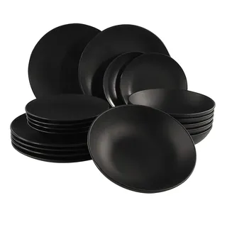 Feinkeramik Geschirr Service in schwarz matt - 18-teilig - Geschirr Set 6 Personen Kuchenteller Speiseteller Suppenteller - Tafelgeschirr Essgeschirr Teller klein groß Suppenschale spülmaschinenfest