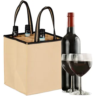 Relaxdays Flaschentasche 9 Flaschen, Flaschenträger für Wein Bier, Leergut, Getränketasche, HBT: 45 x 24 x 24 cm, beige