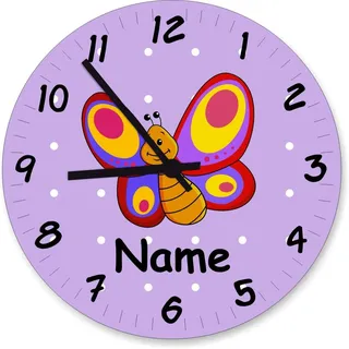 Shirtinstyle Wanduhr Kinderzimmeruhr Schmetterling mit Wunschnamen Geschenk Uhr Kinder Handmade, 29cm, Farbe Pastelllila