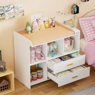 MSFE Wickelkommode Wickeltisch Baby Wickelkommode aus Holz mit abnehmbarem Wickelaufsatz, 2 Schubladen und 3 Regalfächern, Changing Table 94.7x 40x81.2cm, Weiß
