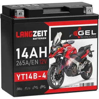LANGZEIT YT14B-4 Motorradbatterie 12V 14Ah 265A/EN Gel Batterie 12V doppelte Lebensdauer entspricht 51201 51422 GT14B-4 YT14B-BS vorgeladen auslaufsicher wartungsfrei