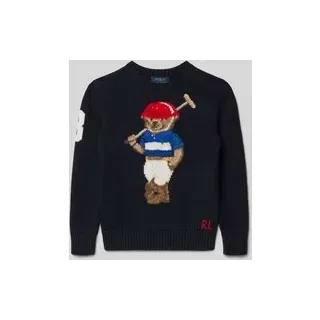 Strickpullover mit Motiv und Rundhalsausschnitt, Marine, S