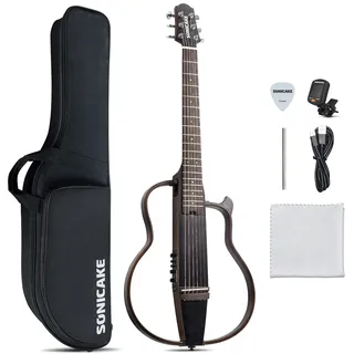 SONICAKE Elektro Akustische Gitarre Tragbarer Korpus aus massivem Mahagoni, Einfach zu montierende Rahmen, Multi Korpus Form Sim Preamp, Gigbag und Zubehör QGT-01