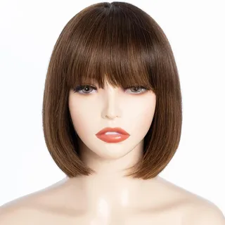 FASHION IDOL Bob Echthaar-Perücke mit Pony für schwarze Frauen kurzes glattes Haar 20CM natürliches schwarzes klebstofffreies maschinell hergestelltes kurzes Bob Perücken