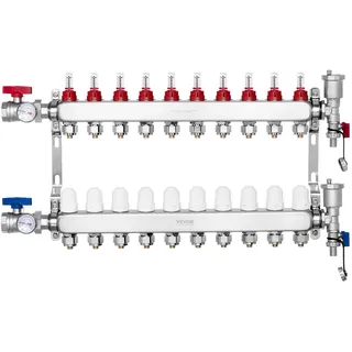 Vevor 10-Zweig-Wärmeverteilungsverteiler, 1/2-Zoll-PEX-Rohrverteiler, Edelstahl-PEX-Verteiler für hydronische Fußbodenheizung,