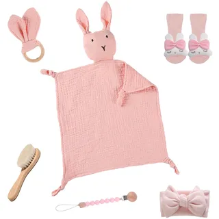 Baby Geschenk Set 6 in 1,Neugeborenen Geschenk,Baby Geschenk Mädchen Junge, Babygeschenke zur Geburt mit Kaninchen Schmusetuch,Socken,Bürste,Beißring,Kopftuch,Baby Babyparty Beschenk (A)