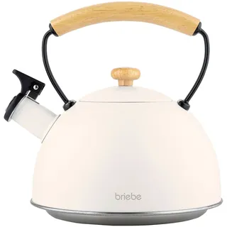 Briebe Nordic Wasserkessel Induktion Flötenkessel, 2,5L Edelstahl, Holzgriff, Weiß
