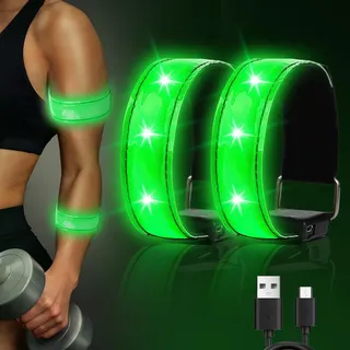 TaimeiMao 2 Stück LED Light Bracelet, LED Armband Aufladbar, Reflective LED Leuchtarmband mit USB, Wasserdichtes Reflektorband für Joggen, Radfahren & Hundewandern | Für alle Geeignet-Grün