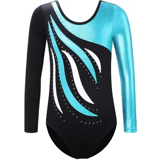 XFGIRLS Gymnastikanzug für Mädchen, langärmelig, glitzernd, glänzend, 183, Schwarz, Blau, 4A - 3-4 Jahre