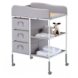 Vevor Wickeltisch tragbare Wickelstation mit 3 Stoffschubladen & feststellbaren Rädern, höhenverstellbarer multifunktionaler Baby-Wickelkombi mit Aufbewahrungs-organizer fürs Kinderzimmer Grau