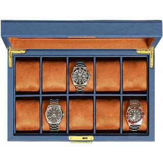 ROTHWELL Uhrenbox mit 10 Fächern – Luxus-Uhrenetui mit weichem Futter, abschließbarer Schmuckuhrenhalter mit großem Glasdeckel (Blau/Hellbraun)