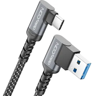 deleyCON 2m USB-A auf USB-C Kabel 2x Winkel USB 3.0 5Gbps (USB 3.2 Gen1) 90 Grad - Ladekabel Datenkabel für Smartphone Tablet Notebook Kamera HDD SSD Externe Festplatte Usw.