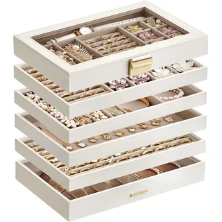 SONGMICS GISELLA Kollektion - Schmucktablett stapelbar, Schmuckkästchen 6 Ebenen, Schmuckbox mit Glasdeckel, Schmuckeinsatz für Schminktisch, Geschenkidee, wolkenweiß, 17 x 28 x 25,3 cm JBC195W01S