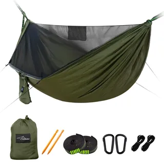 Travel Bird Camping Hängematte mit Moskitonetz und Firstseil, Extra Groß für 2 Personen 290 x 140cm, All-in-One Schnell Offen Ultraleichte Hängematten für Draußen, Wandern, Reisen und Rucksacktour