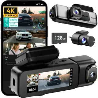 BOTSLAB 4K 3-Kanal Dashcam Auto Vorne Hinten, 3 Channel 4K+1080P+1080P, GPS 5.8GHz WiFi Dash Cam mit 128GB SD Karte, 3.18",Super Nachtsicht,WDR,