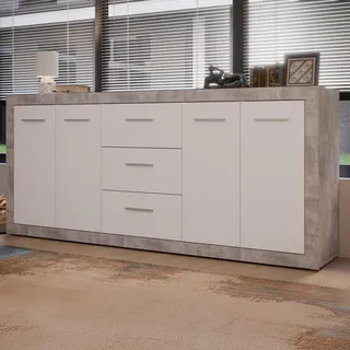 Forte FINLEY Sideboard 200 210, modernes Sideboard mit viel Stauraum, 4-türig, 3 Schubladen, Wohnzimmer, Flur, Schlafzimmer, Holzwerkstoff, Weiß| Betonoptik, 207,1 cm breit x 91,9 cm hoch x 41 cm tief