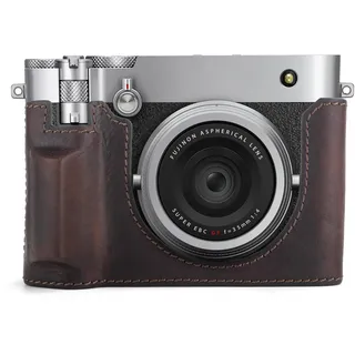 MUZIRI KINOKOO Fuji GFX100 RF Tasche, schützende Halbhülle aus echtem Leder, kompatibel mit der Digitalkamera Fuji GFX100 RF/GFX100RF – mit Öffnung unten und Handgriff-Design - Kaffee