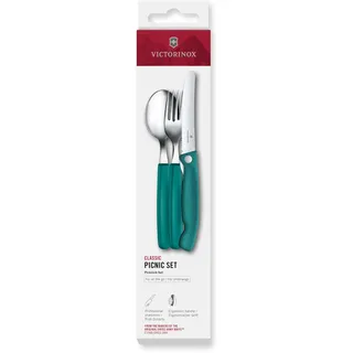 Victorinox Picknick Besteck-Set, 3-teilig, Reisebesteck, Inkl. Klappbarem Messer, Gabel und Löffel, Robuste Kunststoffgriffe, Grün