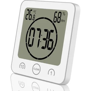 ALEENFOON Digital Badezimmeruhr Duschuhr Wasserdicht mit Saugnapf Thermometer zum Hinstellen Wand Dusche Countdown Timer Digitalwecker Batteriebetrieben Thermometer Hygrometer Innen (Weiß)