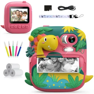 Kinderkamera Sofortbildkamera, CAMCLID 2,4 Zoll Digitalkamera Kinder Dinosaurier Sofortbildkamera mit 32G Karte und 3 Rollen Druckpapier, Geschenke für Jungen und Mädchen 3-12 Jahre