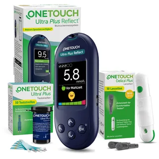 OneTouch Ultra Plus Reflect® Blutzuckermessgerät Set – Starterset Diabetes mmol/L – Inkl. 40 Teststreifen & 40 Lanzetten – Präzise Messung, einfache Anwendung – Stiftung Warentest SEHR GUT (1,5)