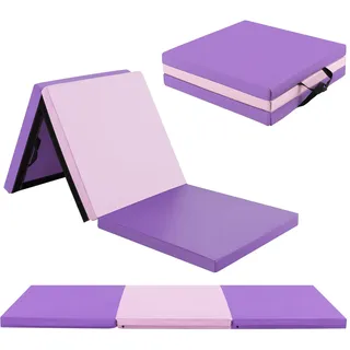KOMFOTTEU Gymnastikmatte faltbar, Weichbodenmatte 180x60x5cm Fitnessmatte, Turnmatte dick mit Tragegurt, 3-Fach Yogamatte Sportmatte rutschfest für Yoga Fitness Training (Violett + Hellrosa)