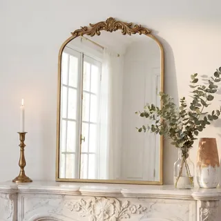 PERFNIQUE Gold Vintage Spiegel, 88 x 60 cm, gewölbter antiker Barockspiegel für Wand, Messing, traditioneller kunstvoller Spiegel für Badezimmer, Wohnzimmer, Kamin, Eingang, Flur (88 x 60 cm)