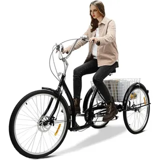 26 Zoll Dreirad 6 Gang Fahrrad Erwachsenen Dreirad Cityräder 3-Rad Fahrrad Höhenverstellbar mit Einkaufskorb Belastbarkeit 120 KG ?Schwarz Dreira... - Schwarz