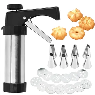 Jaoucue Edelstahl Gebäckpresse mit 8 Tüllen und 13 Schablonen - Profi Spritzgebäck Presse Gebäckspritze Kekspresse für Kekse Kuchen Plätzchen