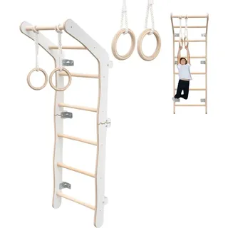 Klettergerüst Indoor fürs Kinderzimmer | Sprossenwand aus Yarnwood | Turnwand + Turnringe | 100% ECO | EU - Weiß