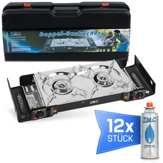 ZMC Gaskocher Butan Gaskocher Outdoor Campingkocher 2-flammig + Gaskartuschen 227g, (Doppel Kartuschenkocher mit Piezozündung, Wärmeleistung: 2,5KW), für Outdoor und Innenraum, Gasherd Kochfeld Gas Kocher Herd Doppel Gaskocher + 12x Gaskartuschen