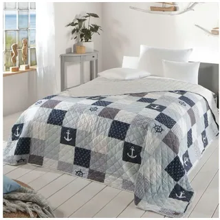 Delindo Lifestyle Bettüberwurf Tagesdecke Patchwork, mit blau maritimen Motiven blau|weiß 140 cm x 210 cm