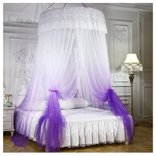 BTTO Moskitonetz Kuppel Moskitonetz Himmelbett Lichterketten Vorhänge für Queen King, Insektenschutz für Kinder Mädchen Betthimmel lila