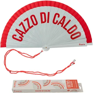 Fisura – Origineller Fächer mit Aufschrift „Cazzo di caldo“. Moderner, bunter Handventilator aus Holz. Rot-weißer Verlauf. Haken enthalten. Maße: 42,5 x 23 cm