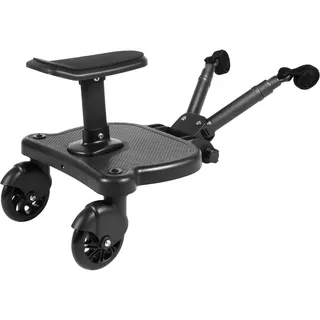 Buggy Board mit Sitz, universelles Trittbrett für Kinderwagen mit 360°-Zweirad-Design, belastbar bis 25 kg, Mitfahrbrett universal passend für alle Kinderwagen