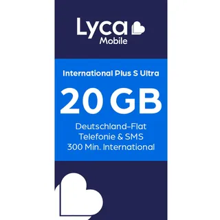 Lycamobile Lyca Mobile International Plus S Ultra Prepaid SIM Karte ohne Vertrag inkl. 20 GB Datenvolumen